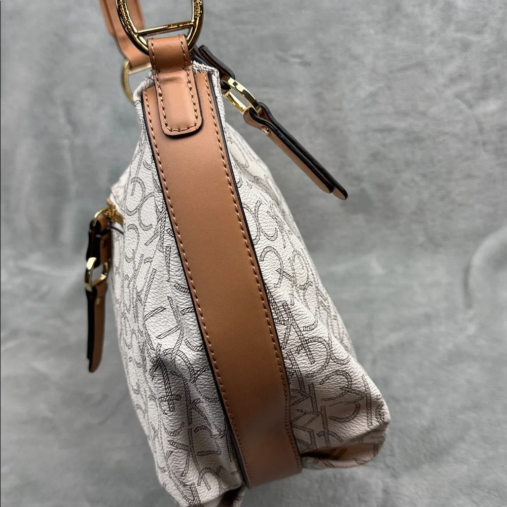 Calvin Klein Logo Print Hobo Bag in Cream and Brown